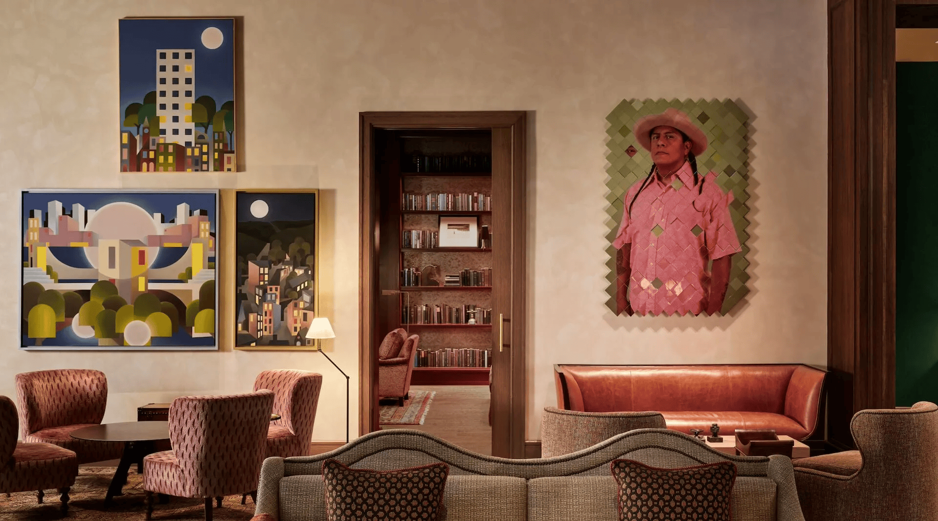 Interior of a restaurant with artwork and decor