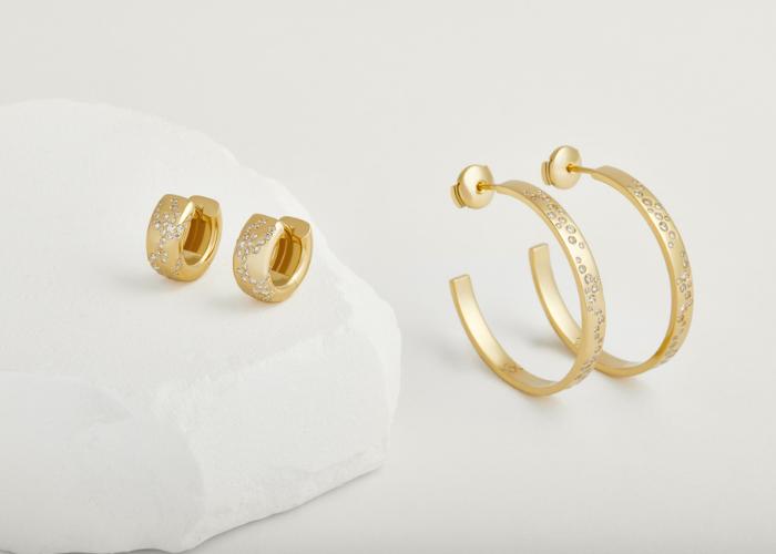 Gold earrings on white jewelry