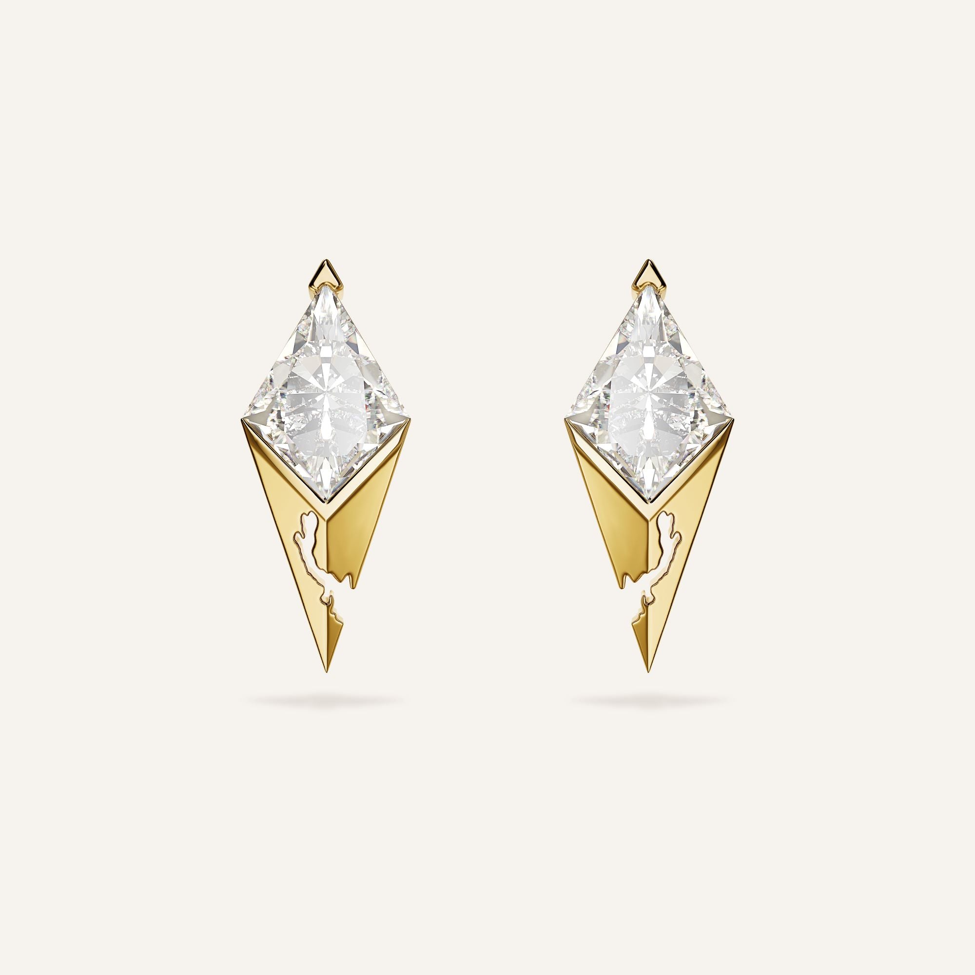 14k yellow gold kite-cut lab-grown diamond stud earrings, each featuring a 1ct kite-cut diamond in the upper portion of an elongated architectural setting that tapers into a solid gold spike with the SAV fractured motif cutout below.