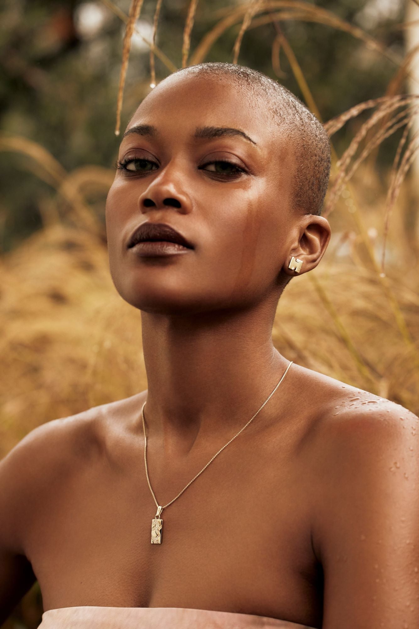 Woman looking at viewer wearing gold earring and necklace