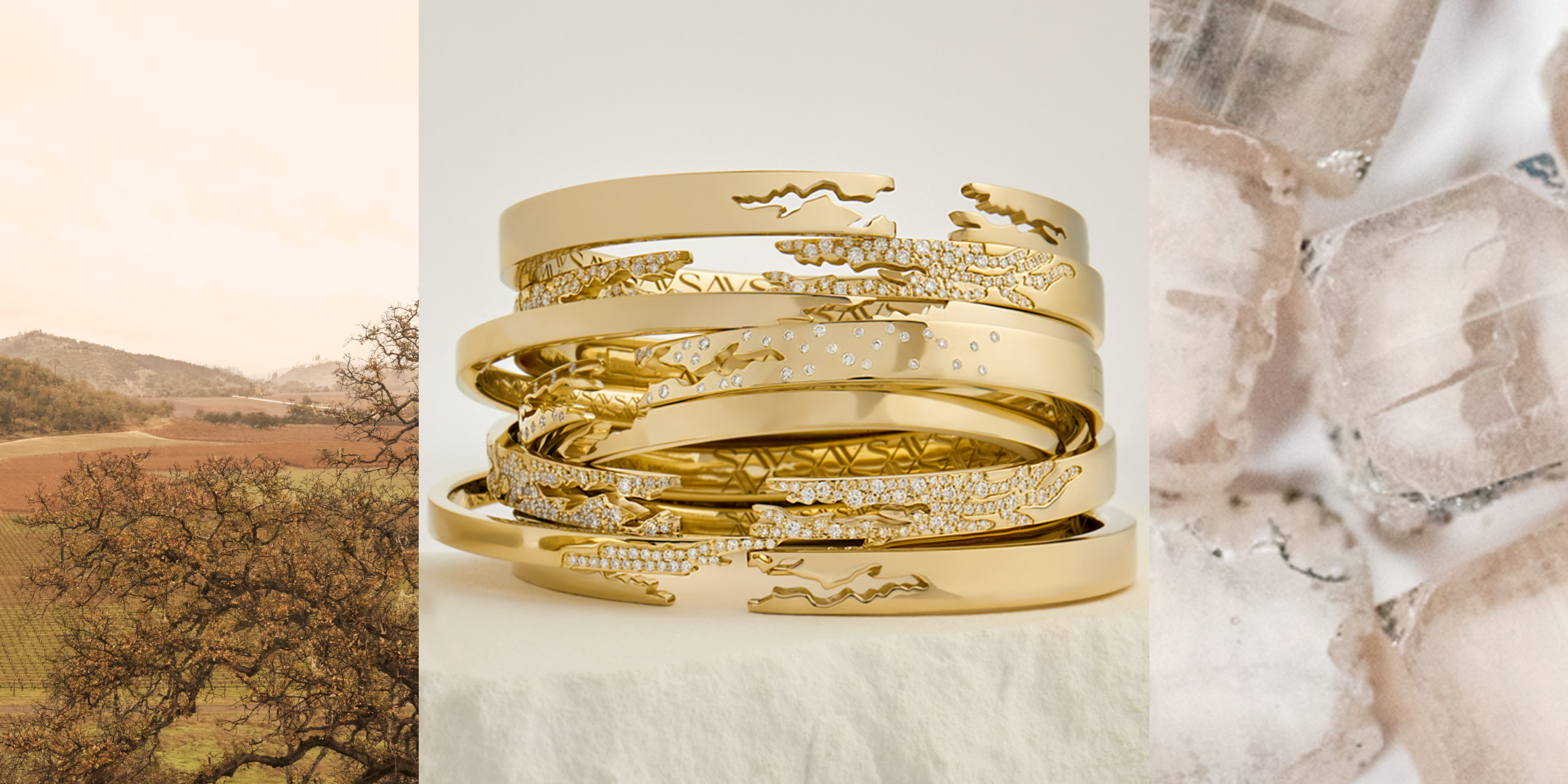 Image divided into three of farmland, a stack of gold bracelets on white stone, and white cubes against a white background.