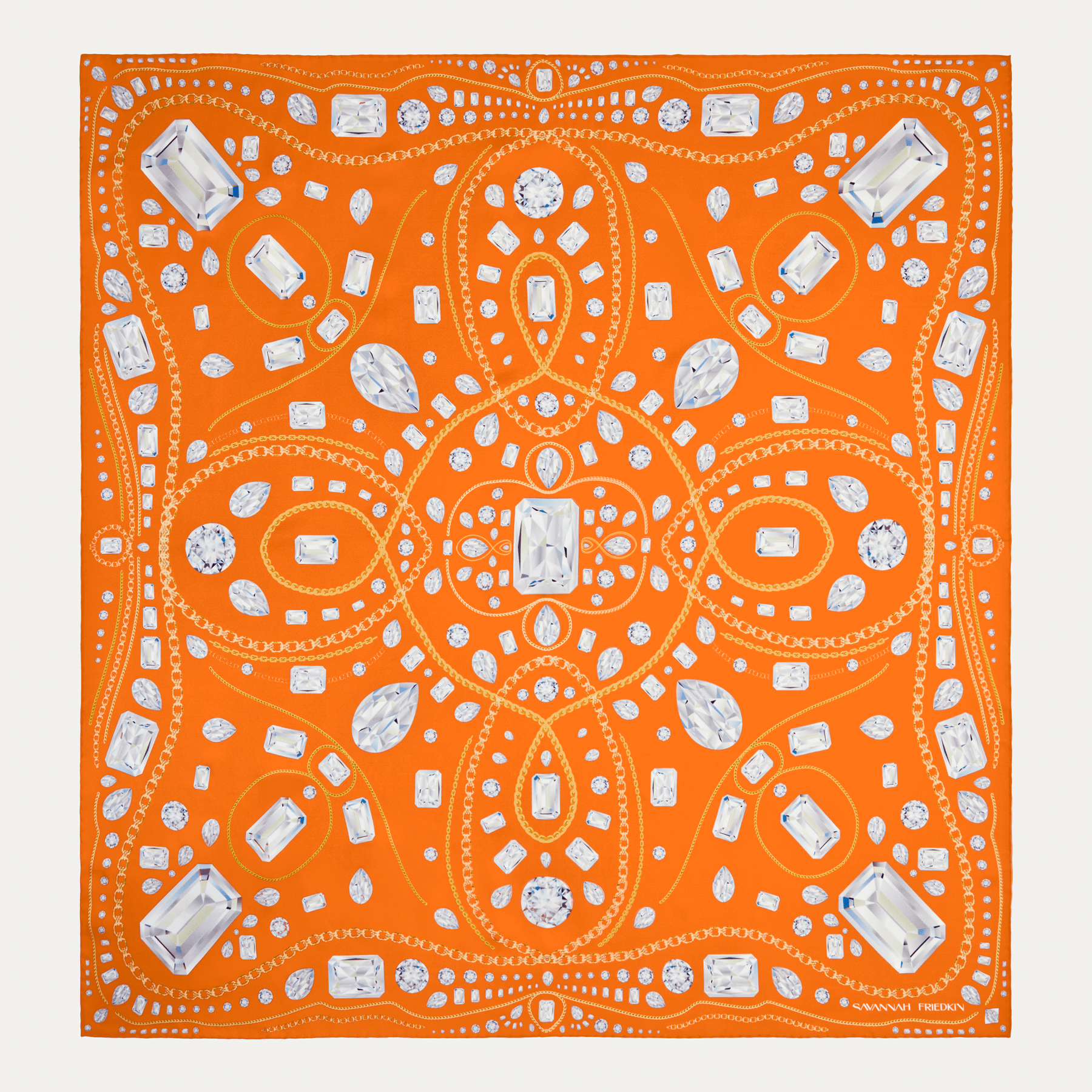 Orange scarf with a print of diamonds and gold necklaces