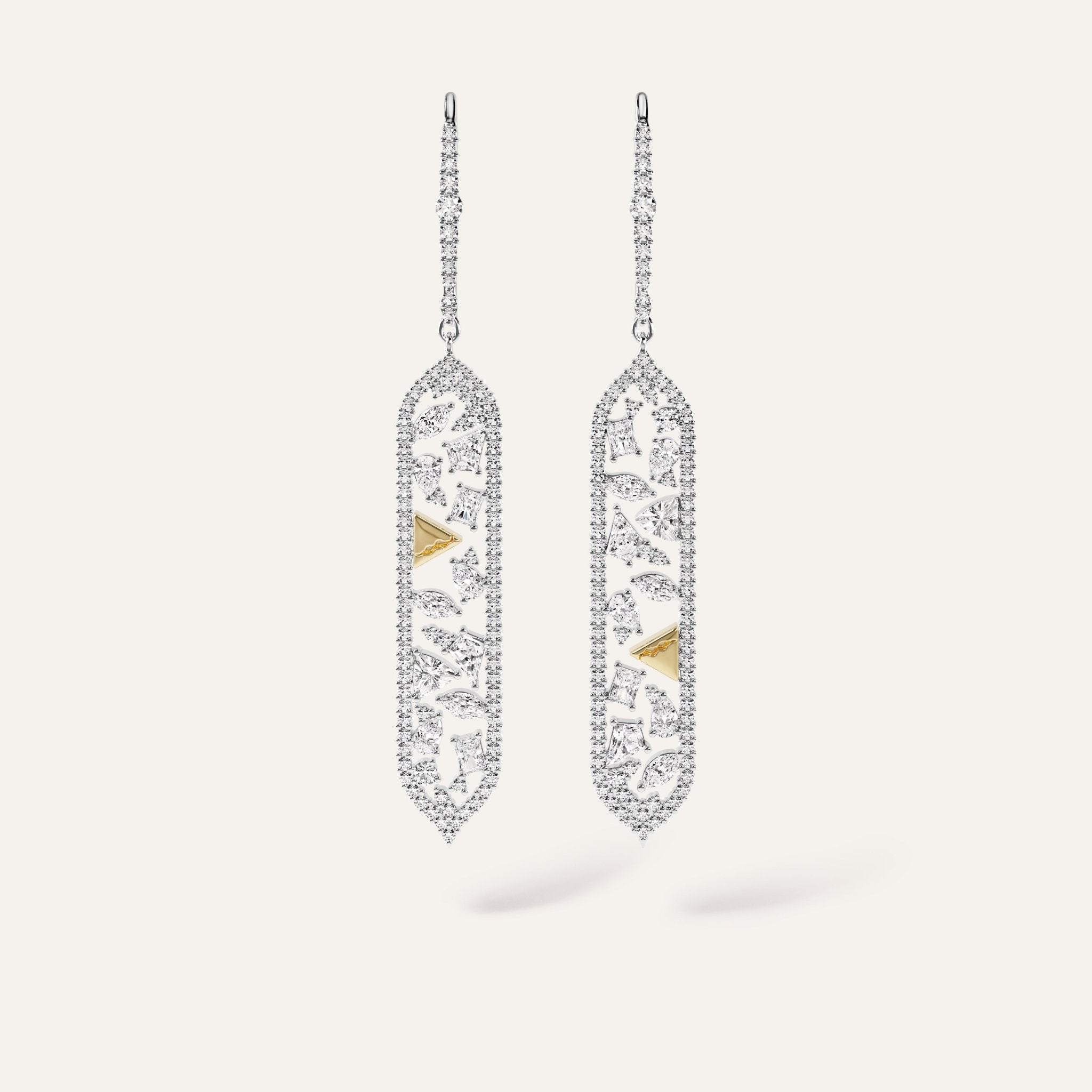 14k white gold long drop earrings featuring an elongated openwork pendant edged in pavé round brilliant lab-grown diamonds, filled with mixed fancy-cut lab-grown diamonds in a scattered arrangement around a central solid 14k yellow gold pyramid spike with the SAV fractured motif, totaling approximately 2.4 carats. Suspended from a fully pavé-set white gold wire hook.