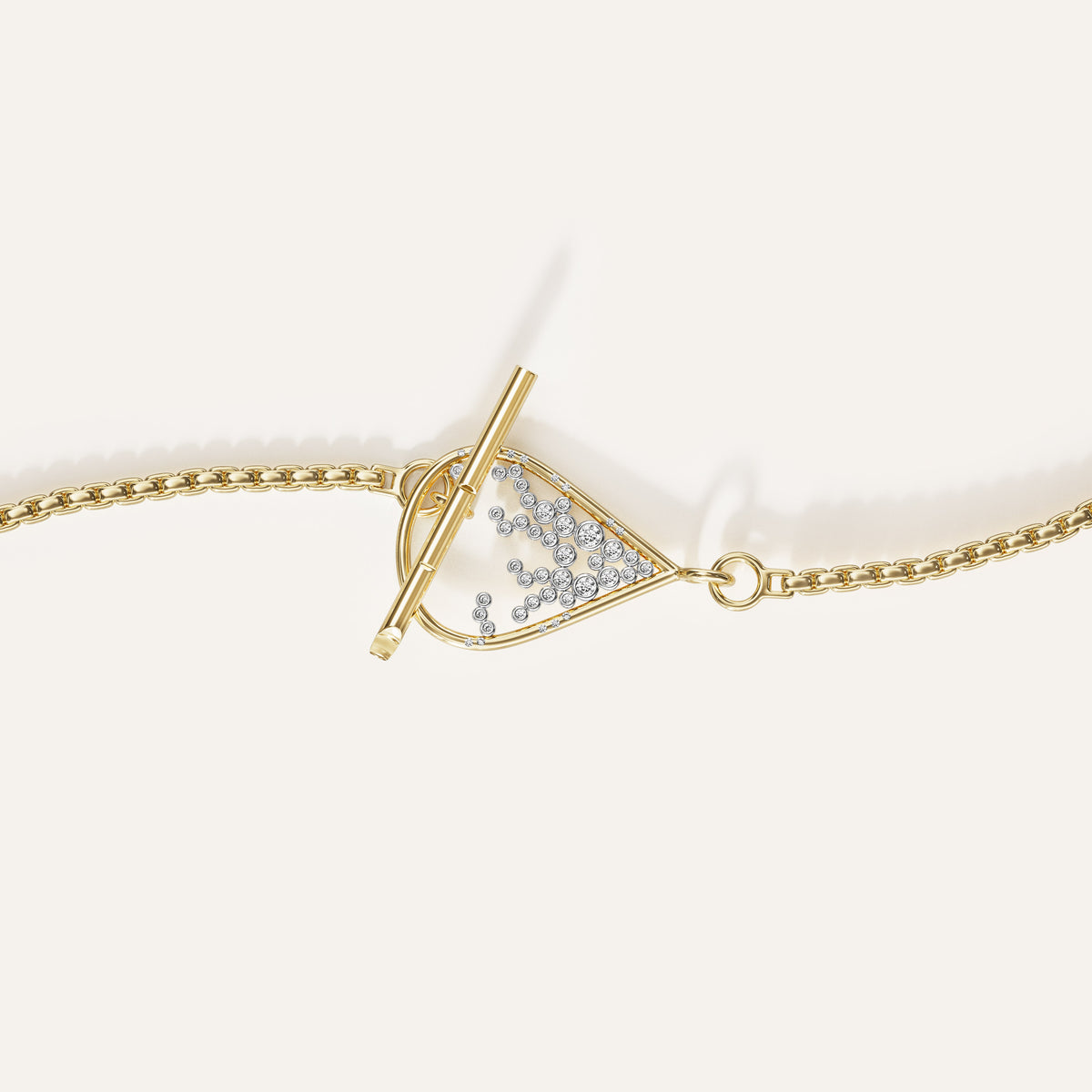 Gold bracelet with a triangle-shaped diamond pendant on a white background