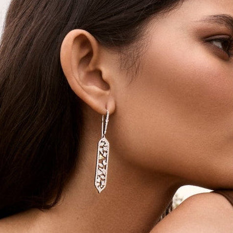 Close-up of a woman wearing a silver feather-shaped earring.