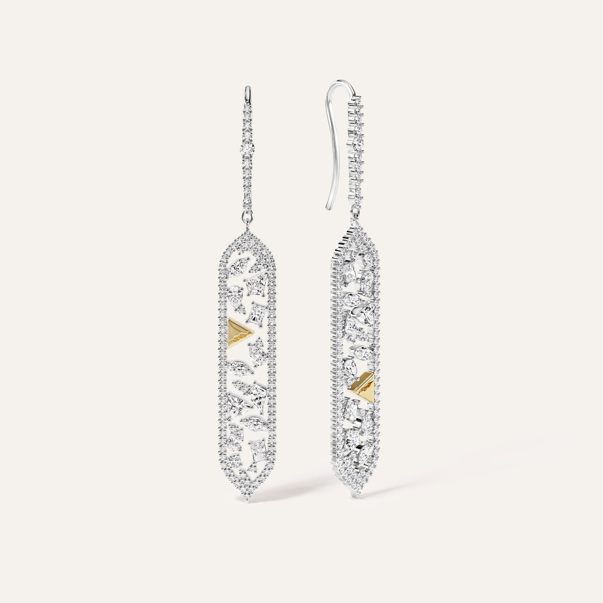 Two 14k white gold diamond drop earrings shown side by side, one face-on and one in side profile, revealing the depth of the openwork pendant construction, pavé wire hook, and yellow gold pyramid spike accent from a three-quarter angle.
