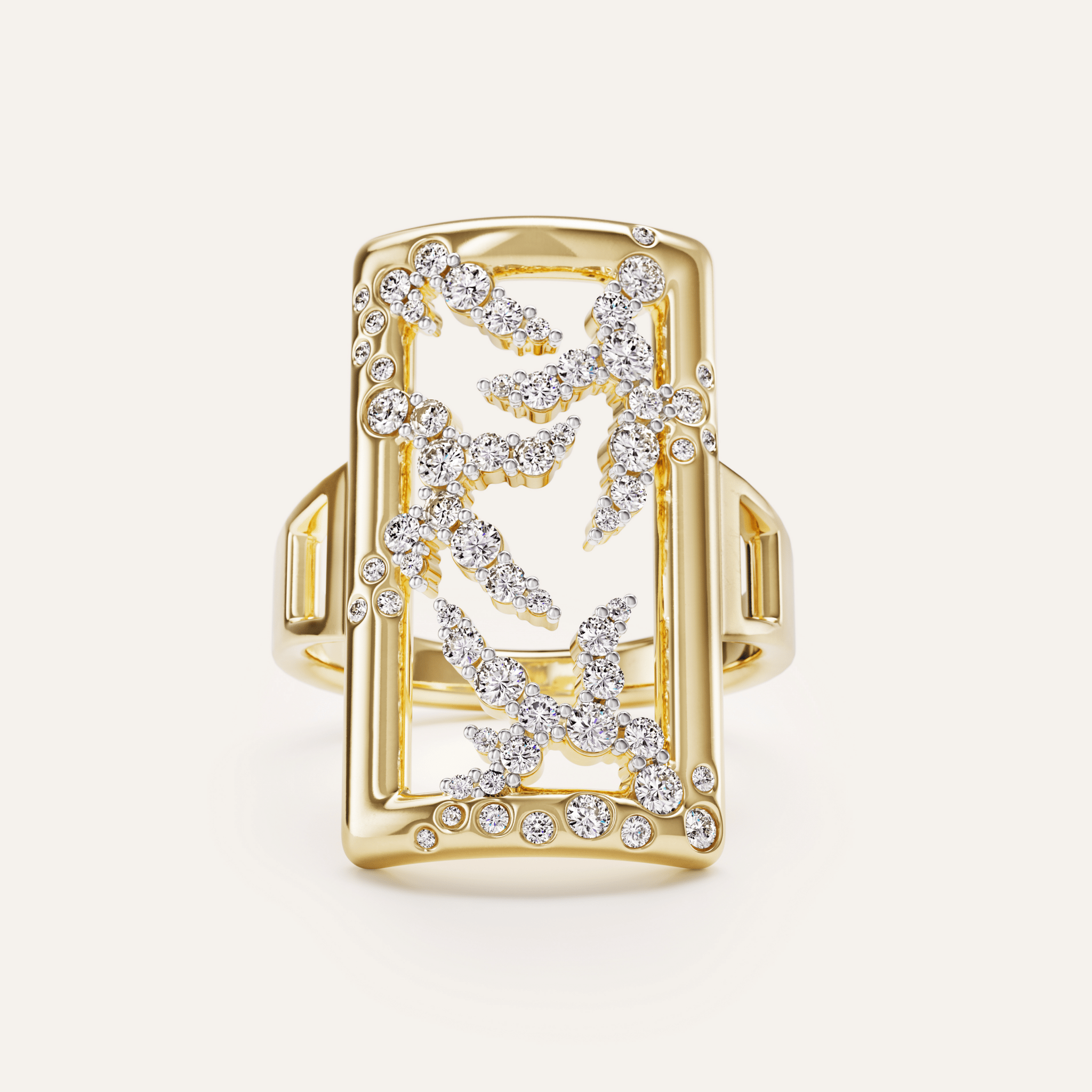 14k yellow gold SAV diamond rectangle cocktail ring shown directly face-on, displaying the full openwork diamond monogram, bezel-set frame border diamonds, and split shank band.