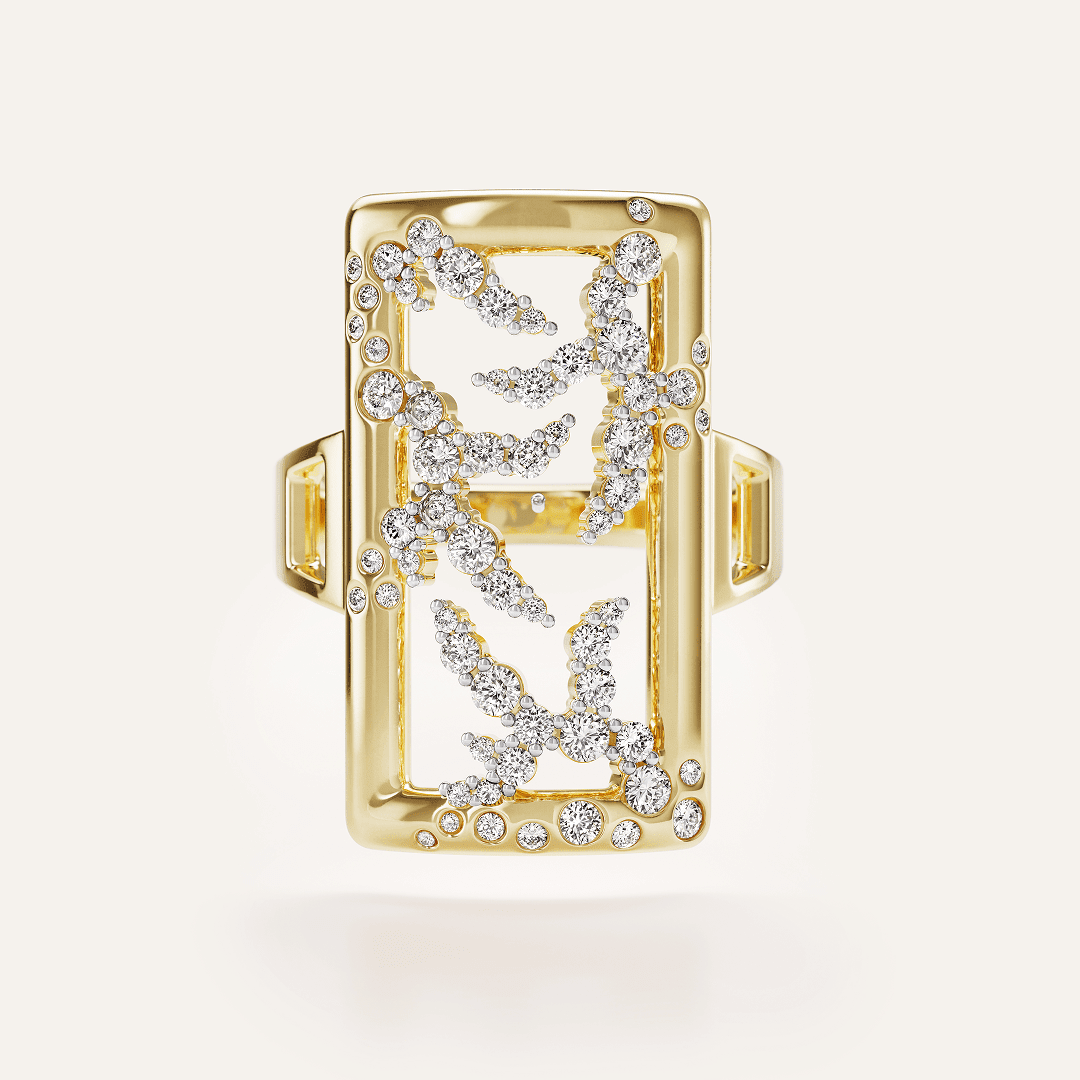 14k yellow gold rectangular cocktail ring with an openwork SAV diamond logo pattern suspended within the frame and bezel-set diamond accents on the border, shown face-on.