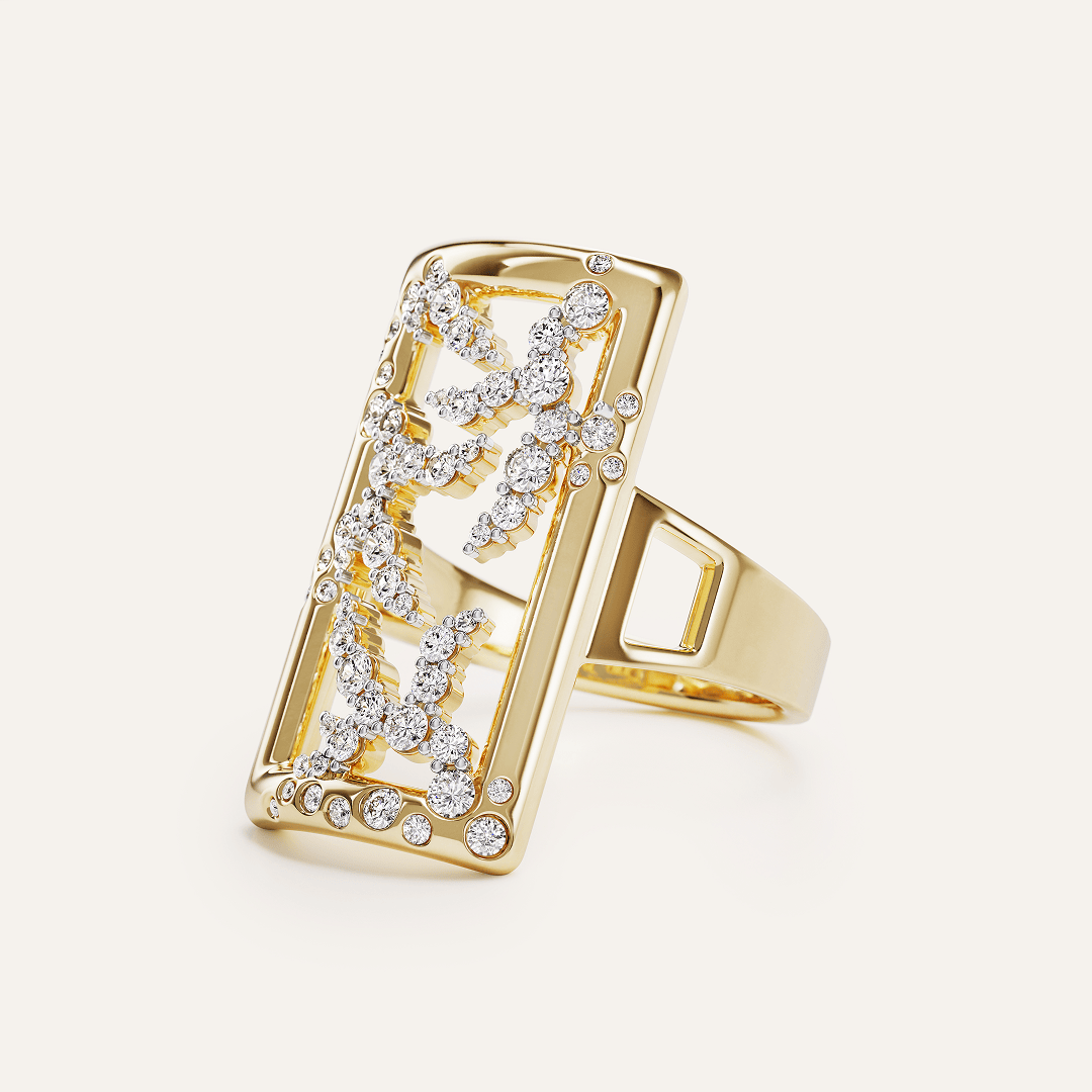 14k yellow gold SAV diamond rectangle cocktail ring shown at a three-quarter angle, revealing the split shank band profile, shoulder cutouts, and the three-dimensional depth of the diamond clusters within the frame.