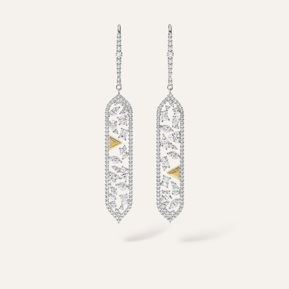 14k white gold long drop earrings featuring an elongated openwork pendant edged in pavé round brilliant lab-grown diamonds, filled with mixed fancy-cut lab-grown diamonds in a scattered arrangement around a central solid 14k yellow gold pyramid spike with the SAV fractured motif, totaling approximately 2.4 carats. Suspended from a fully pavé-set white gold wire hook.