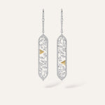 14k white gold long drop earrings featuring an elongated openwork pendant edged in pavé round brilliant lab-grown diamonds, filled with mixed fancy-cut lab-grown diamonds in a scattered arrangement around a central solid 14k yellow gold pyramid spike with the SAV fractured motif, totaling approximately 2.4 carats. Suspended from a fully pavé-set white gold wire hook.