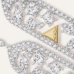 Macro detail of the 14k white gold diamond drop earring interior, showing the mixed fancy-cut lab-grown diamonds — including marquise, kite, pear, princess, and emerald cuts — alongside the solid 14k yellow gold pyramid spike with the SAV fractured motif engraved across its face.