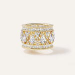 14k yellow gold two-piece puzzle ring featuring a wide openwork band set with approximately 7 carats of mixed fancy-cut lab-grown diamonds — including kite, pear, and square shapes — flanked by double rows of pavé round brilliant diamonds at the upper and lower edges.