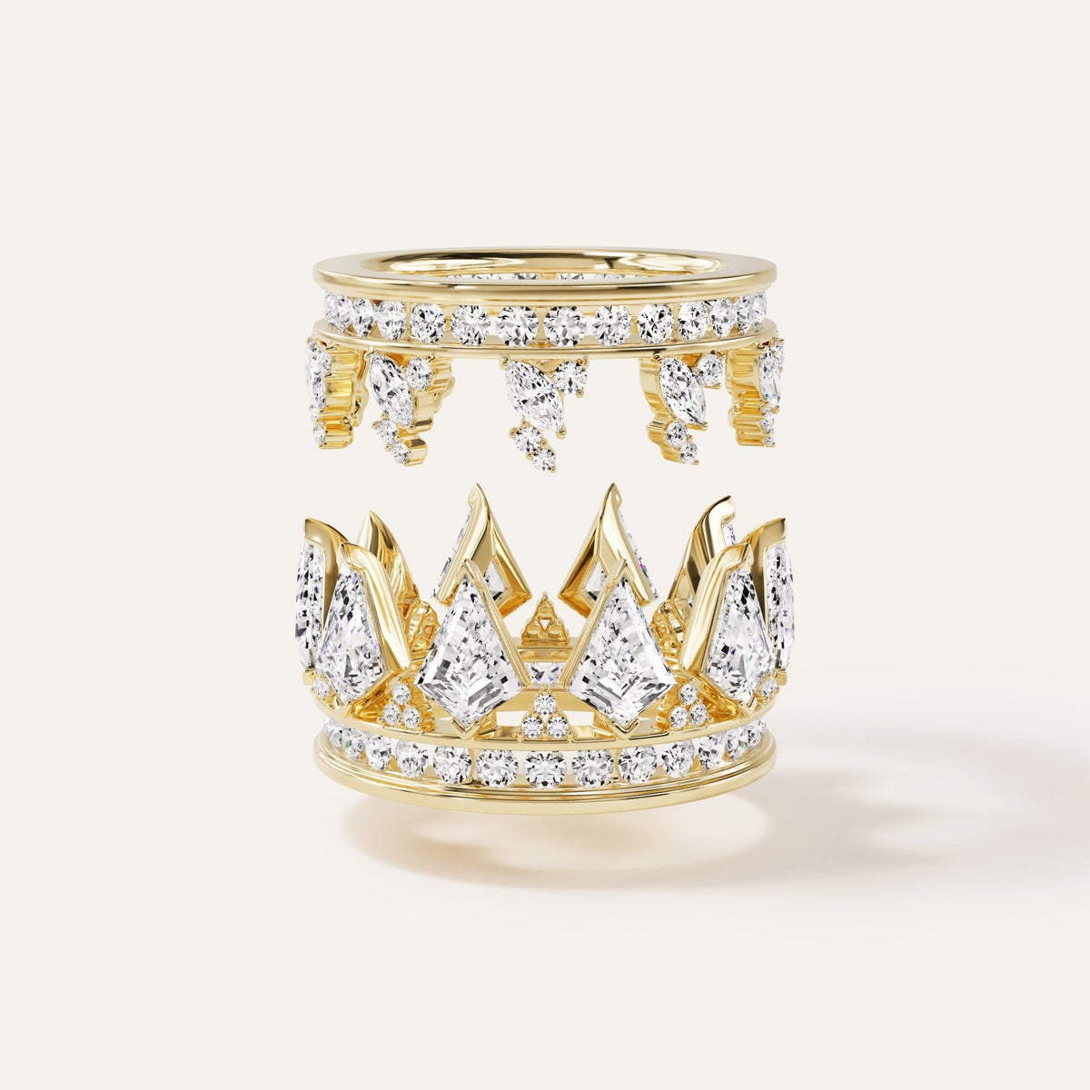 14k yellow gold two-piece puzzle ring shown with the two halves partially separated, viewed from above, revealing the interlocking diamond spike construction of each half.