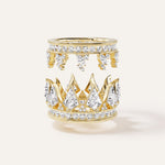 14k yellow gold two-piece puzzle ring shown with the two halves partially separated, viewed from above, revealing the interlocking diamond spike construction of each half.