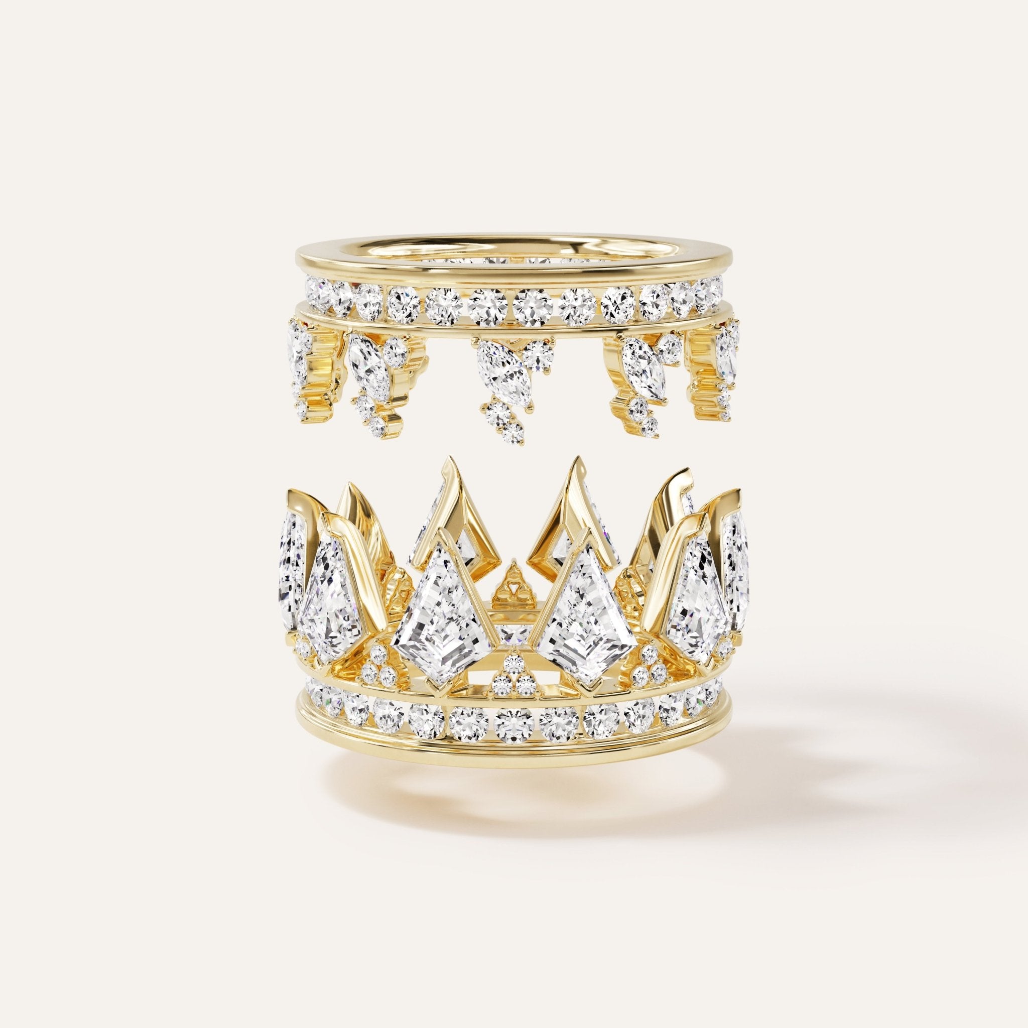 savannah friedkin lab-grown diamond eternity band with fancy kite shaped diamonds, marquis and rounds. Fancy ring that is 2 pieces that can create multiple looks when stacking.
