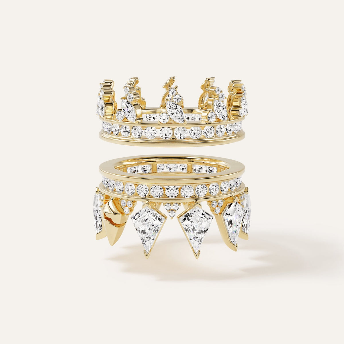 The two halves of the 14k yellow gold lab-grown diamond puzzle ring shown fully separated and stacked vertically, each displaying its crown-like silhouette of upward- and downward-pointing fancy-cut diamond spikes.