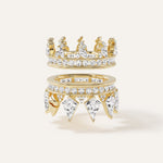 The two halves of the 14k yellow gold lab-grown diamond puzzle ring shown fully separated and stacked vertically, each displaying its crown-like silhouette of upward- and downward-pointing fancy-cut diamond spikes.